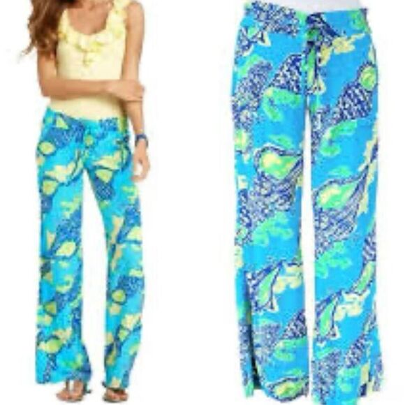 Lily Pulitzer Pippa Blue Shells Drawstring Palazzo 4 Pocket Rayon Pants Sz M - Picture 4 of 8